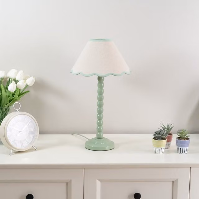Bobbins Sage Green Table Lamp with Ceramic Base and Beige Fabric Scallop Shade including Bulb
