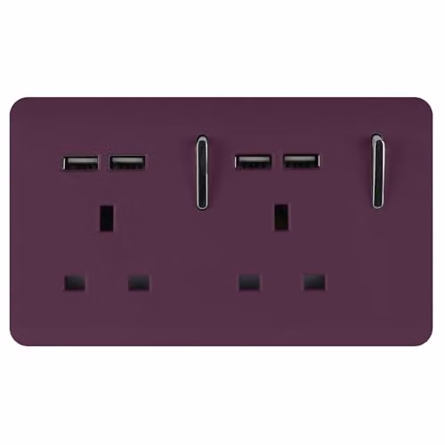 Trendi 2 Gang 13 Amp Double Switched Wall Socket with 4 x USB Type A Charging Ports in Plum Purple – 2