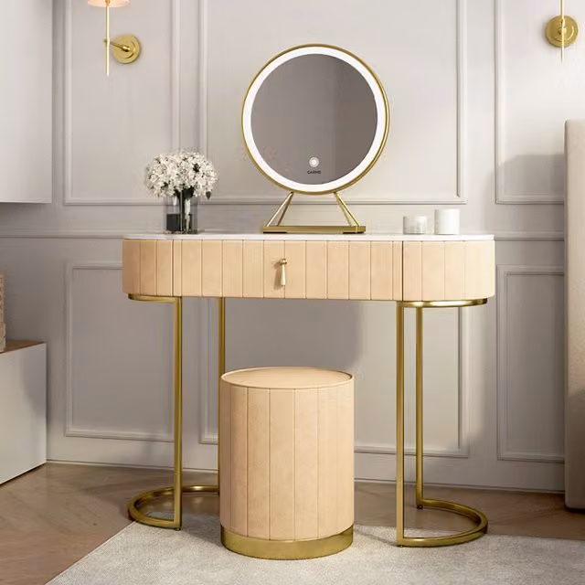 Carme Home Hollywood LED Art Deco Dressing Table in Beige, Gold and White with Marble Top