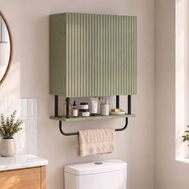 EONLION Modern Wall Mounted Bathroom Cabinet with 2 Wavy Hinged Doors in Matt Green, W/D/H: 49 x 18 x 66 cm