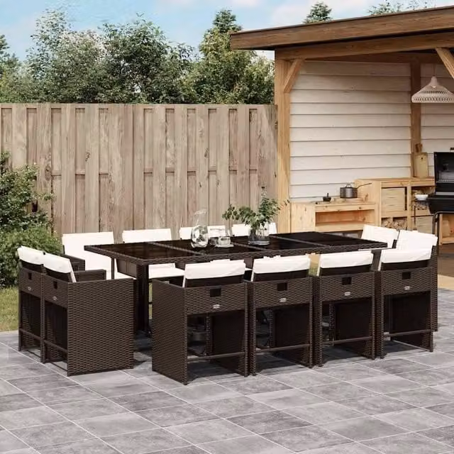 Berkfield Home 13 Piece Brown Poly Rattan Garden Dining Set with Cushions