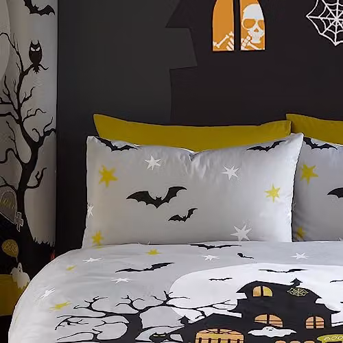 Bedlam Haunted House Glow in the Dark Halloween Duvet Cover and Pillowcase Set in Grey, W/D/H: 140 x 200 cm – 2