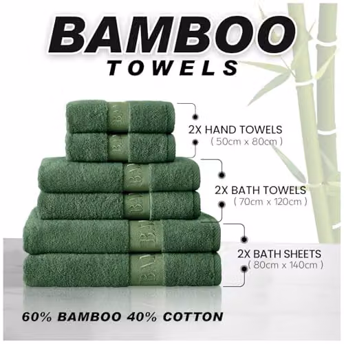 Gaveno Cavailia 2 Pack Green Bamboo and Cotton Large Bath Towels, 500 GSM, W: 70 cm, H: 120 cm – 2