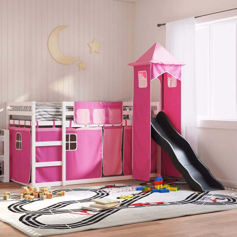 Berkfield Home Pink Solid Wood Childrens Bunk Bed with Slide and Curtains W/D/H: 90 x 200 cm – 2