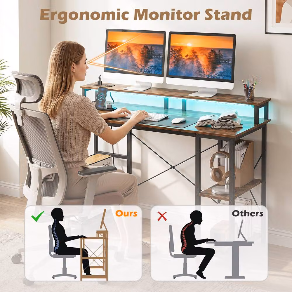 Gymax Brown Gaming Desk with Charging Station and LED Lights – 9