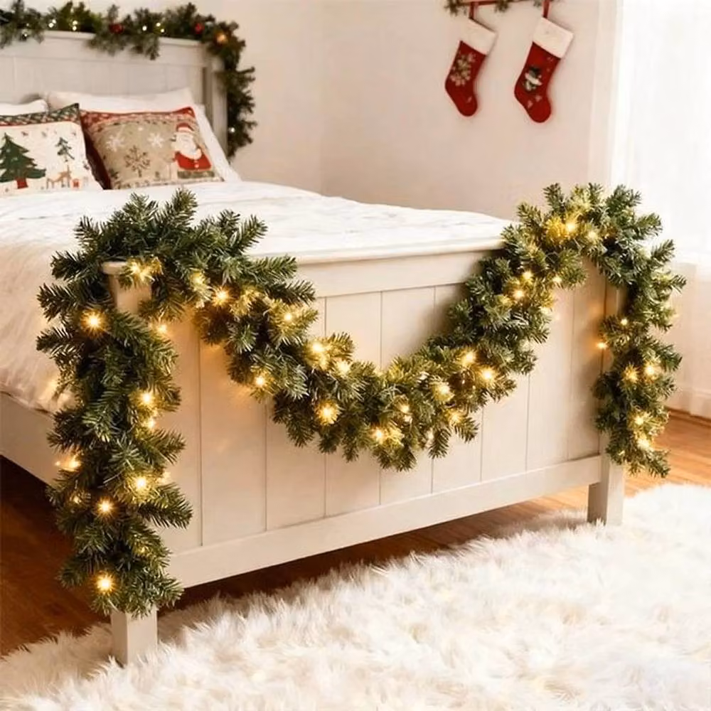 FLAVORA Green Christmas Garland with Warm White LED Fairy Lights, W: 100 cm, D: 15 cm – 3