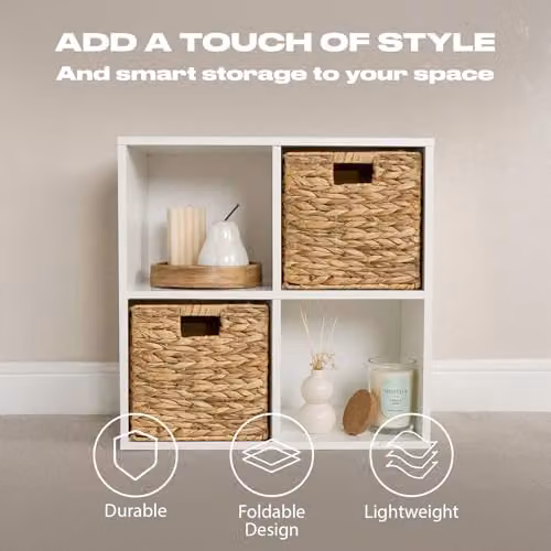 OHS Seagrass Storage Baskets with Handles, Natural Beige Foldable Organiser Boxes for Living Room, Bedroom and Bathroom, W/D/H: 27.0 x 27.0 x 27.0 cm – 2