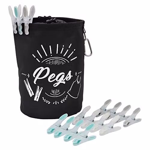 JVL Large Peg Bag with 144 Black and Multicolour Soft Grip Plastic Pegs