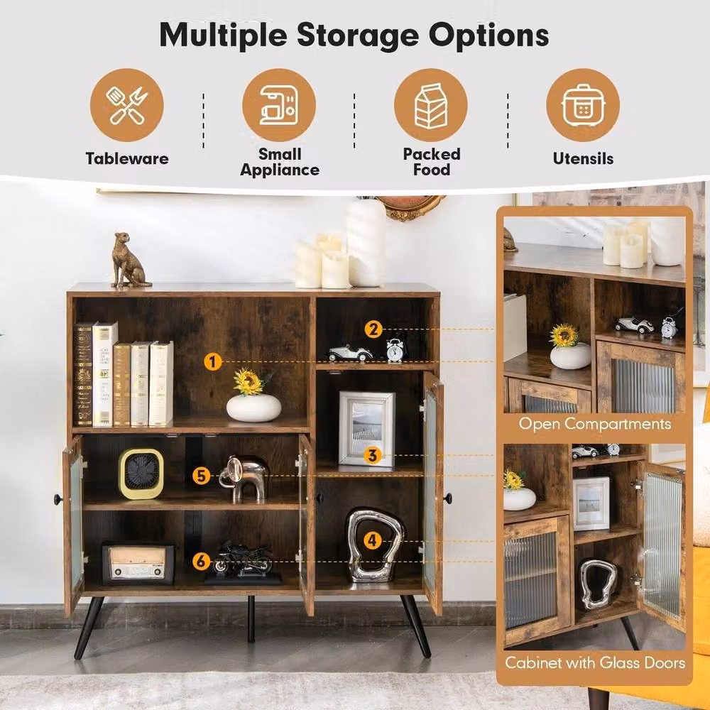 KORVIXA Wood Kitchen Storage Cabinet and Buffet Sideboard with Glass Doors, Brown, W: 70 cm, H: 65 cm – 4