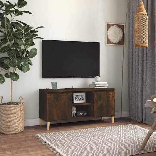 Berkfield Home TV Cabinet in Smoked Oak Brown with Solid Wood Legs, W/D/H: 103.5 x 35 x 50 cm