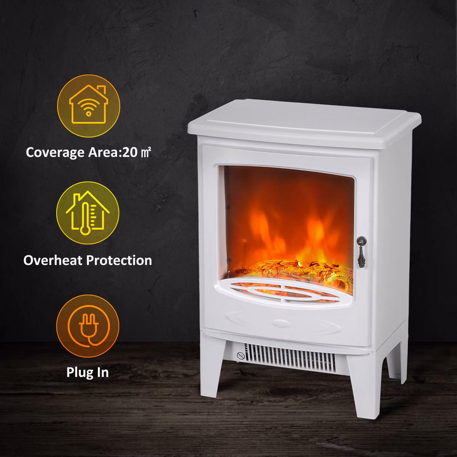 HOMCOM Freestanding Electric Fire with Realistic Flame Effect and Overheat Protection, White – 3