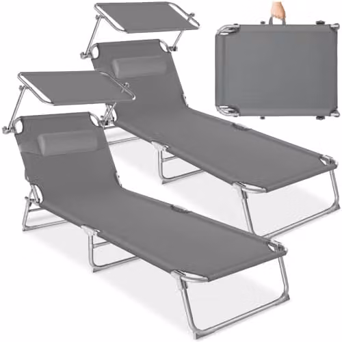 tectake Set of 2 Folding Sun Loungers in Grey with Sun Canopy and Adjustable Headrest, W/D/H: 190 x 68 x 111 cm