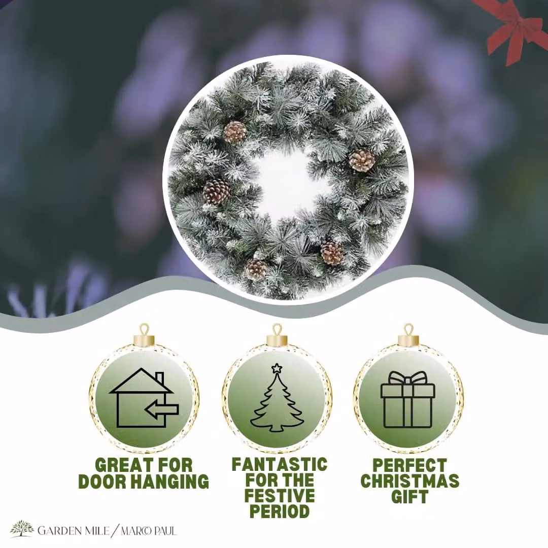Marco Paul Large Snow Flocked Christmas Wreath with Pinecones in Green, Diameter: 58 cm – 3