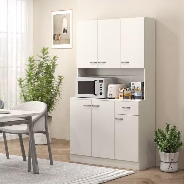 HOMCOM Modern Freestanding Kitchen Tall Unit with Hinged Doors, Drawers and Open Shelves in White and Silver