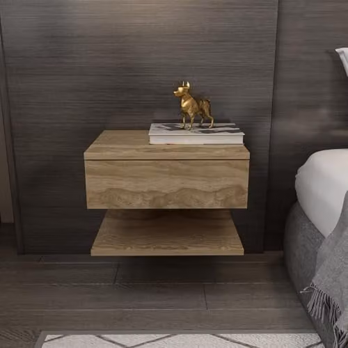 DECOROTIKA Vivid Floating Bedside Table with One Drawer and One Open Shelf, Wall Mounted, Brown – 1