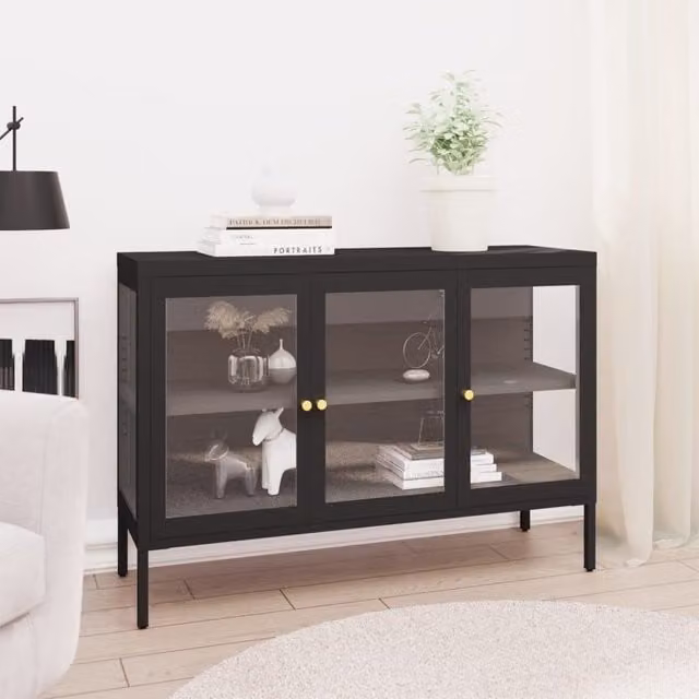 Berkfield Home Black Matt Steel and Glass Sideboard W/D/H: 105 x 35 x 70 cm – 1