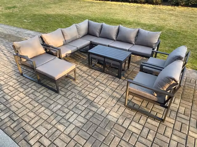 Fimous 12 Seater Outdoor Lounge Corner Sofa Set in Dark Grey with Oblong Coffee Table, 3 Chairs and 3 Footstools, Powder Coated Aluminium Garden Furniture Set