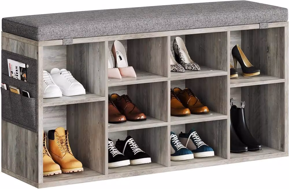 London Boutique Shoe Storage Bench and Rack Organiser with Adjustable Shelf and Padded Grey Fabric Seat – 2