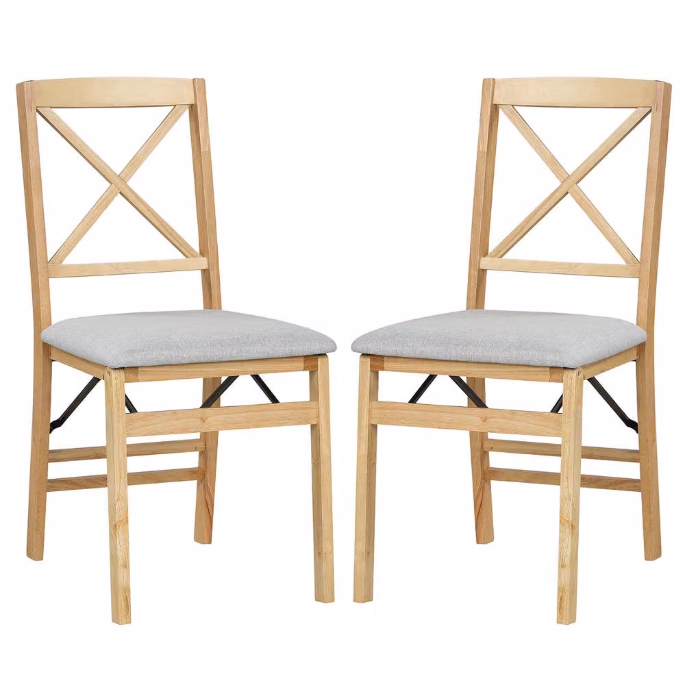 Costway Set of 2 Folding Dining and Kitchen Side Chairs with Padded Fabric Seats in Natural Wood – 2