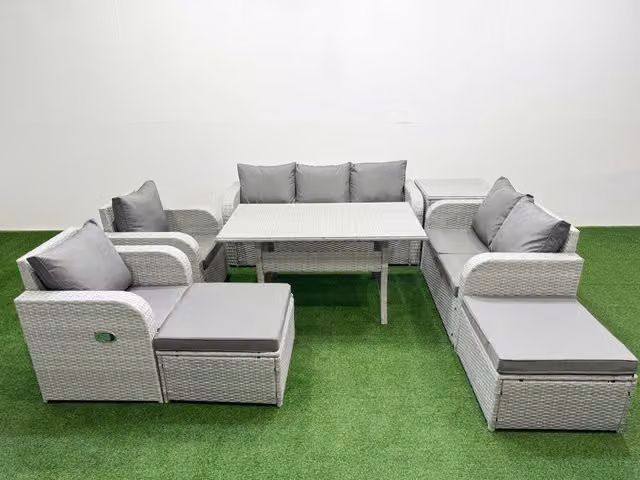 Fimous Grey PE Rattan Garden Furniture Set with Reclining Chairs, Double Love Seat, Rectangular Dining Table and Two Footstools