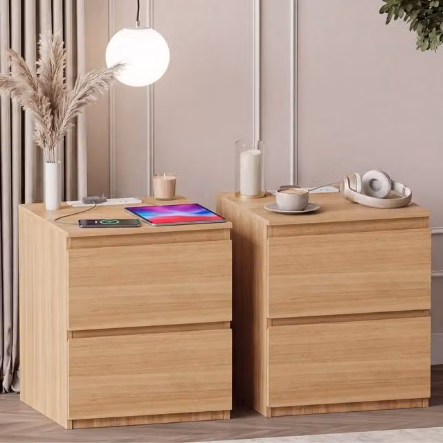 Vida Designs Denver 2 Drawer Large Bedside Chest with Power Outlet, Set of 2, Natural – 1
