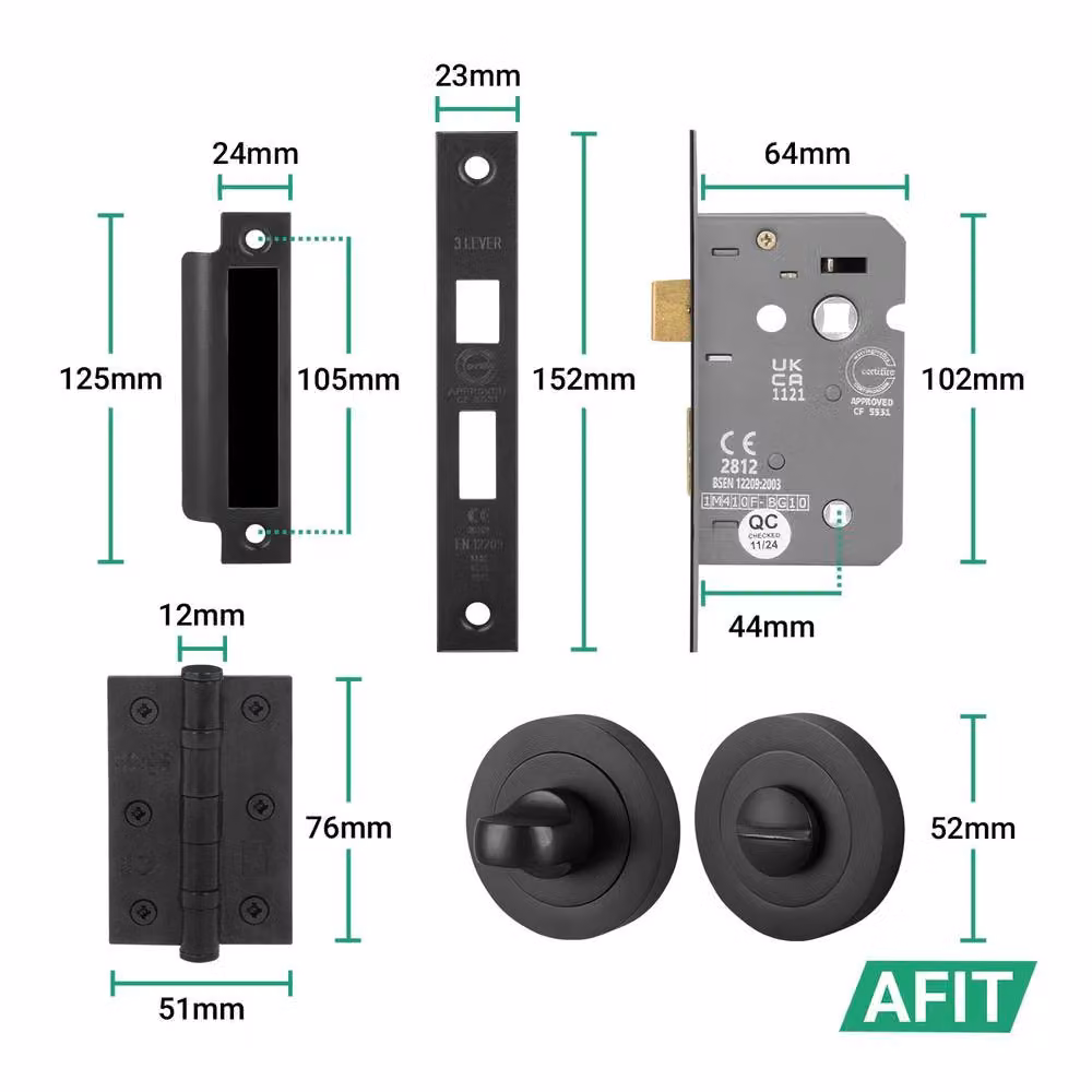AFIT Matt Black Round Rose Bathroom Door Handle Set with WC Lock and Hinges, W/D/H: 15 x 15 x 6 cm – 3