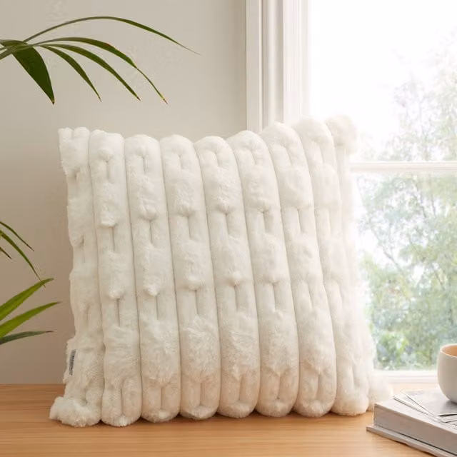 Bianca Carved Faux Fur Filled Square Cushion, W/D/H: 50 x 50 x 50 cm, Beige and White – 1
