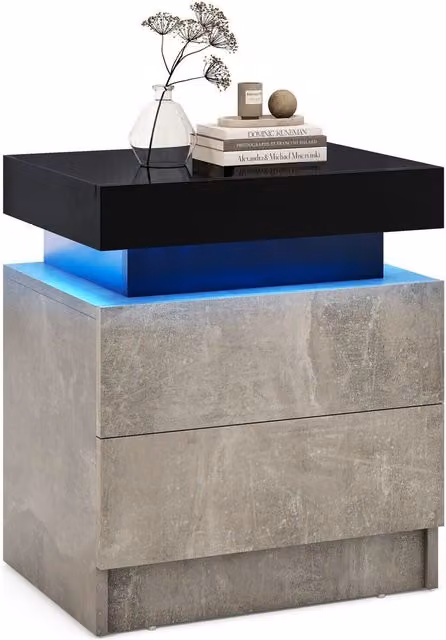 COSTWAY Modern Black Glossy Nightstand and Side Table with Integrated Lighting
