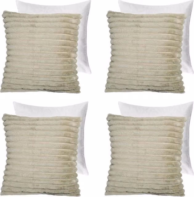 OHS Pack of 4 Sage Green and Beige Faux Fur Ribbed Square Filled Cushions with Removable Washable Covers