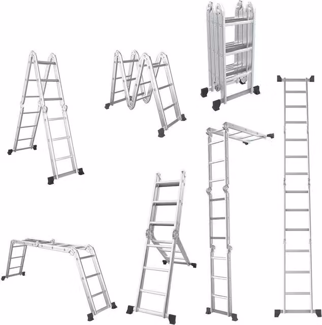 Gymax 7-in-1 Multi-Purpose Folding Aluminium Extension Ladder with Anti-Skid Pedals in Metallic Silver