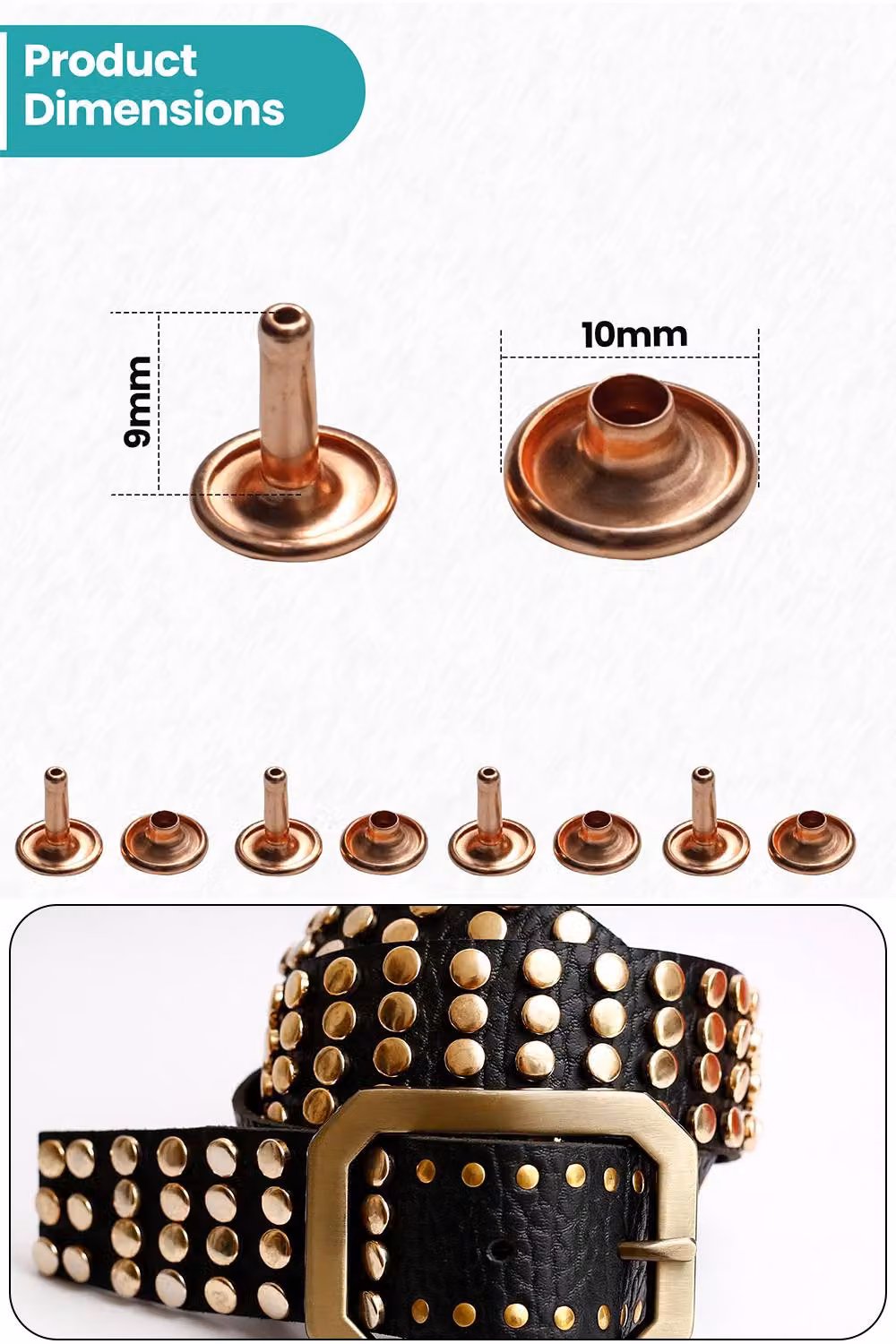 Neel Blue 10mm Double Cap Rivet Tubular Metal Studs and Leather Rivets, Rose Gold, 100pcs – 2