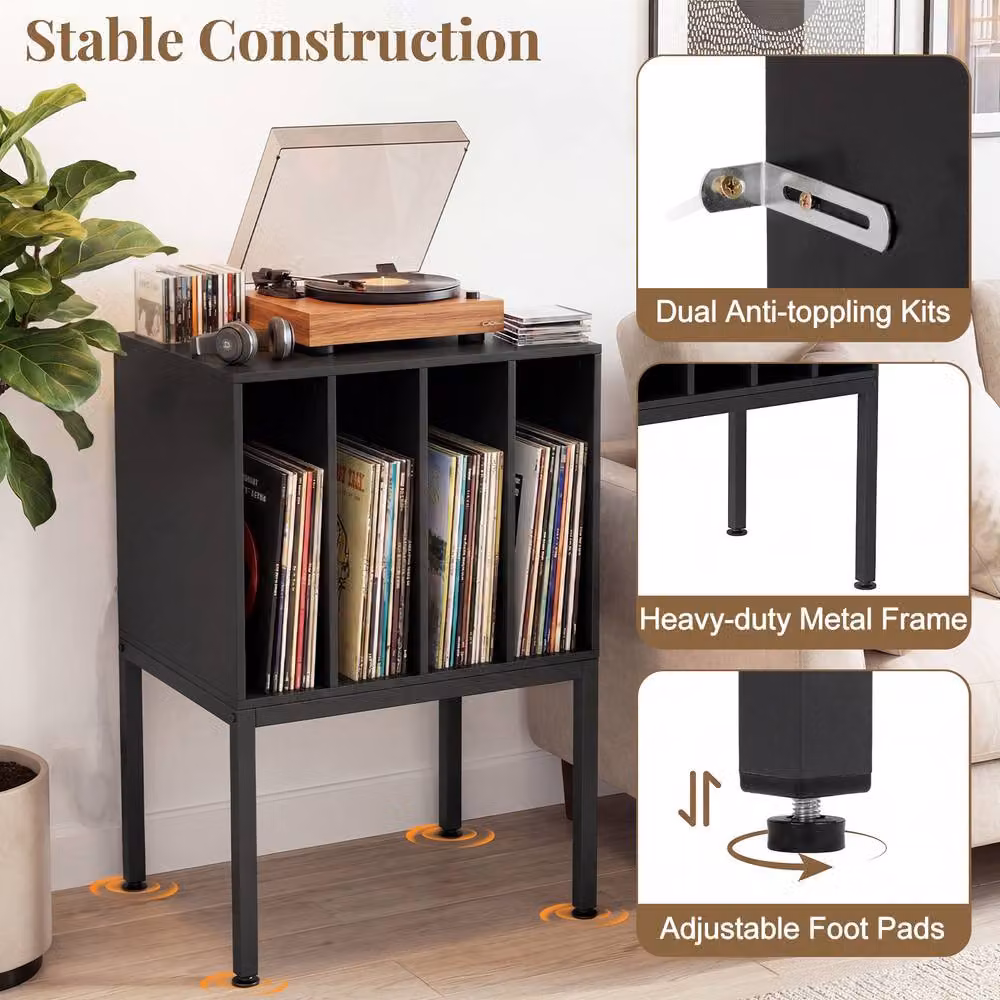 Costway Record Player Stand and Side Table with Vinyl Storage Shelves in Black – 6