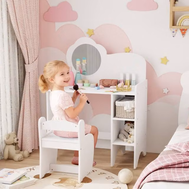 AIYAPLAY Kids Dressing Table with Mirror and Stool, White – 1