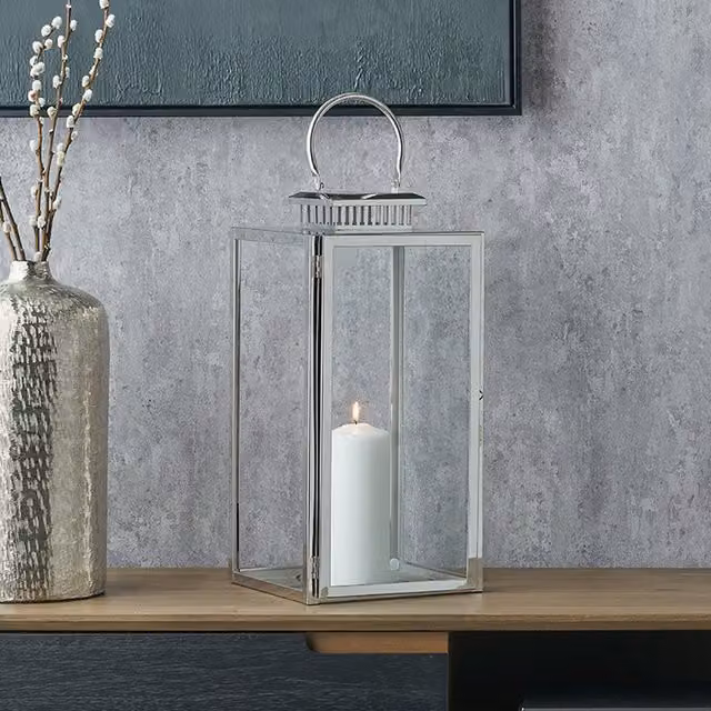 Pacific Lifestyle Modern Stainless Steel and Glass Tabletop Lantern in Silver with Transparent Glass, Height: 48 cm