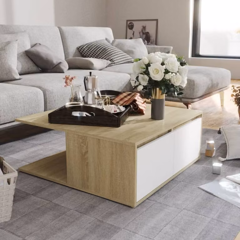Berkfield Home Durable Square Coffee Table in White and Sonoma Oak, W/D/H: 80 x 80 x 31 cm