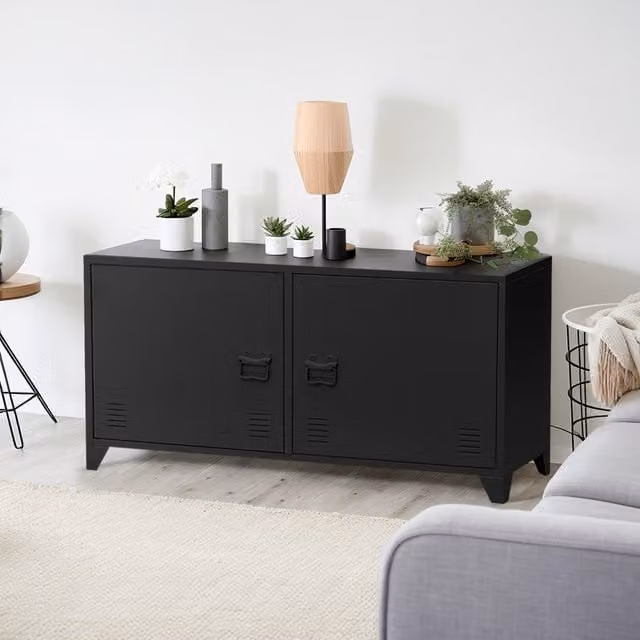 Livingandhome Modern Matt Black Metal Storage Cabinet with Adjustable Shelves