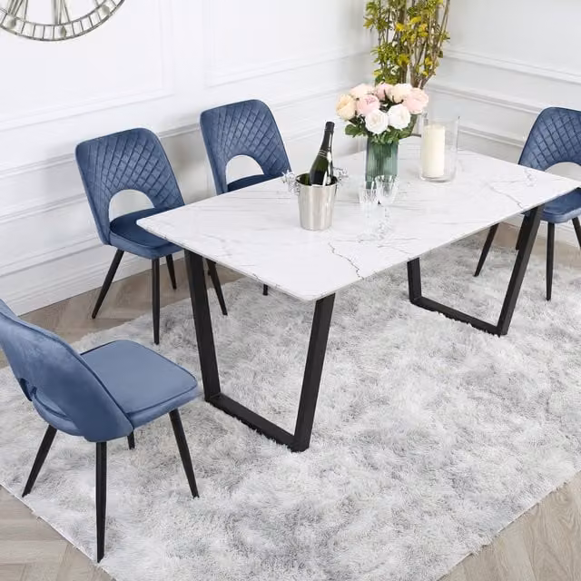 Home Garden Direct Modern Rectangular Marble Dining Table Set with 4 Blue Chairs