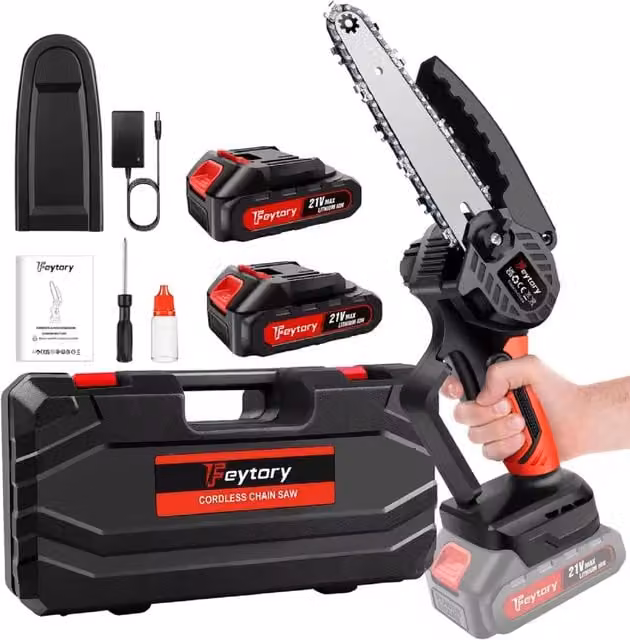 Unbrand Cordless Mini Chainsaw 6 Inch with Spare Rechargeable Battery, Red and Black
