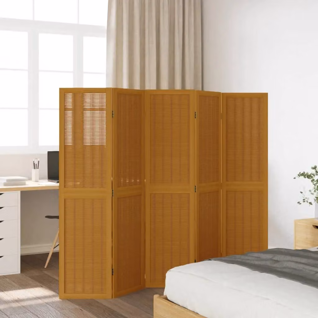 Berkfield Home 5 Panel Room Divider in Brown Solid Paulownia Wood – 2