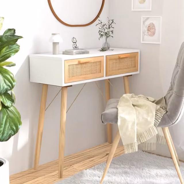 Berkfield Home White Console Table in Solid Pine and Natural Rattan, W/D/H: 80 x 30 x 75 cm