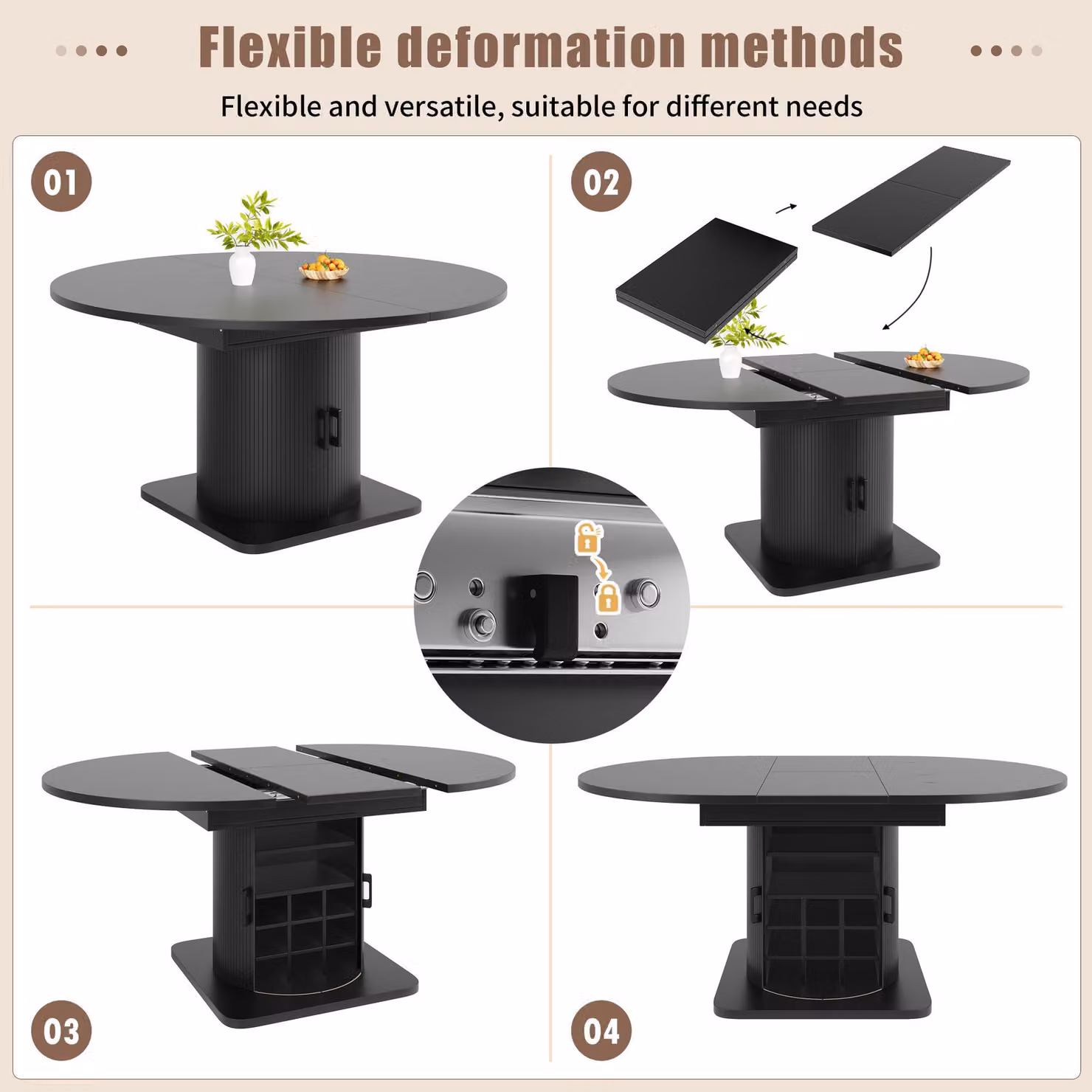 Aosom UK Black Extendable Multifunctional Dining Table with Hidden Storage, Wine Rack and Shelves, W: 118 cm, D: 118 cm, H: 76 cm – 4