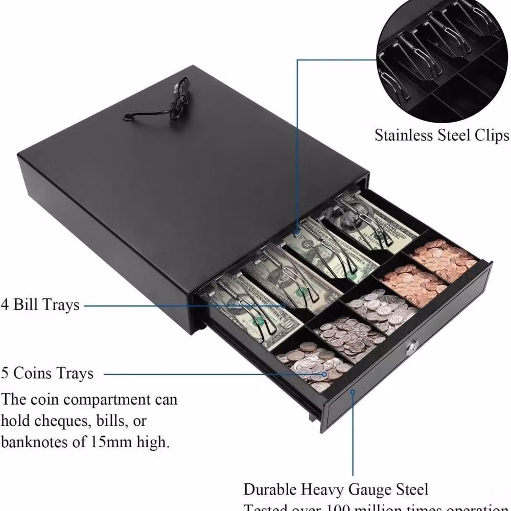 Kelvenix Cash Register Till Drawer with Removable Tray for 4 Bills and 5 Coins, Black – 6
