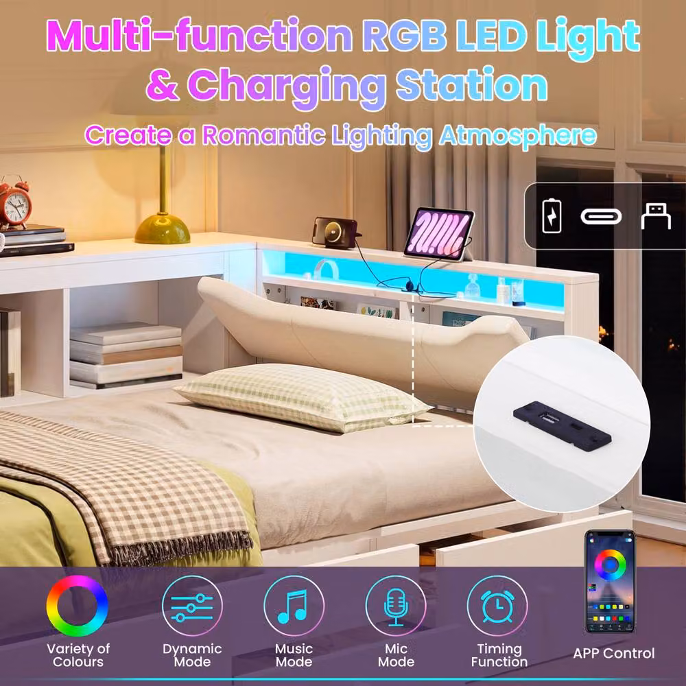 ModernLuxe L-shaped upholstered daybed in White with drawers, LED storage headboard, USB charging port and bedside shelf, W/D/H: 220 x 90 x 115 cm – 4