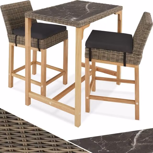Tectake Kutina Garden Table and 2 Chairs Set in Brown Polyrattan with Marble Top