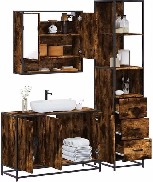 Berkfield Home 3 Piece Industrial Bathroom Furniture Set in Smoked Oak Brown – 1