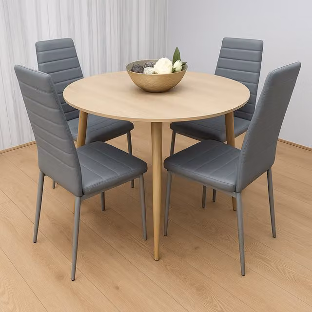 Kosy Koala Modern Round Dining Table and 4 Chairs Set in Brown, Grey and Beige