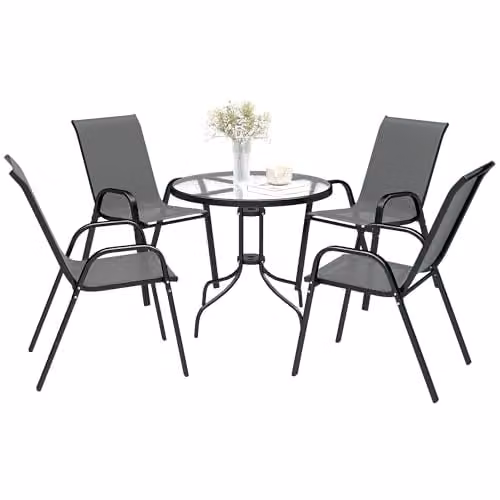 Outsunny 5 Piece Garden Dining Set with Round Glass Table and 4 Chairs in Grey