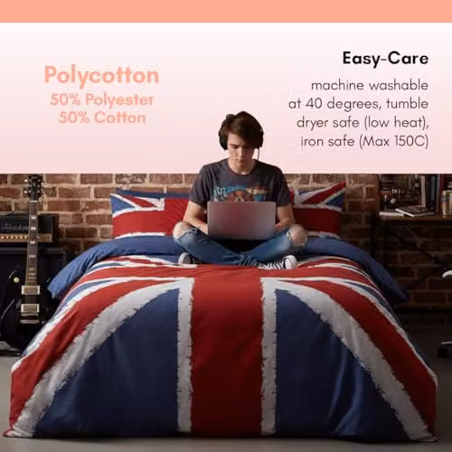 Rapport Home Rock N Roll Union Jack Double Duvet Cover and Pillowcase Set, Blue, Red and White, W/D/H: 200 x 200 cm – 2