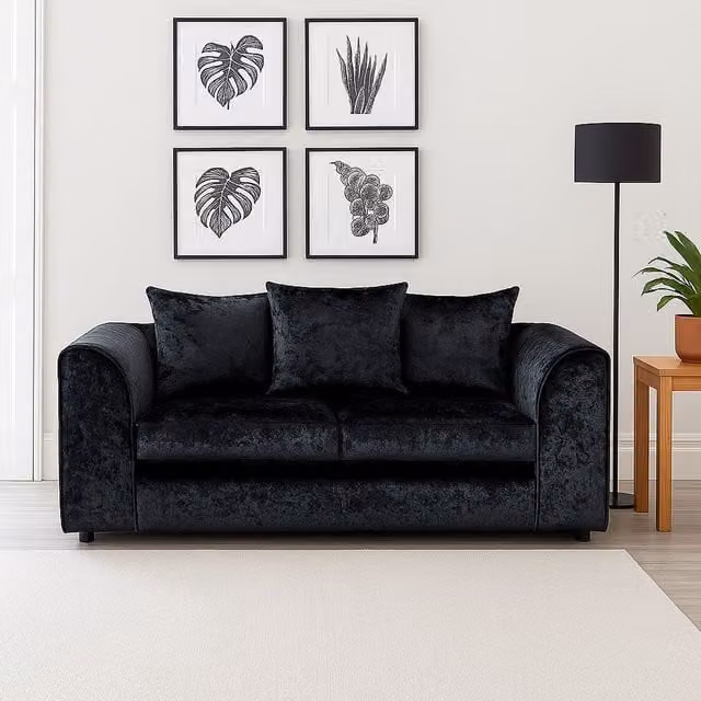 Furnishings For Less UK Crystal Crushed Velvet 2 Seater Sofa with Curved Arms and Scatter Cushions in Black – 1