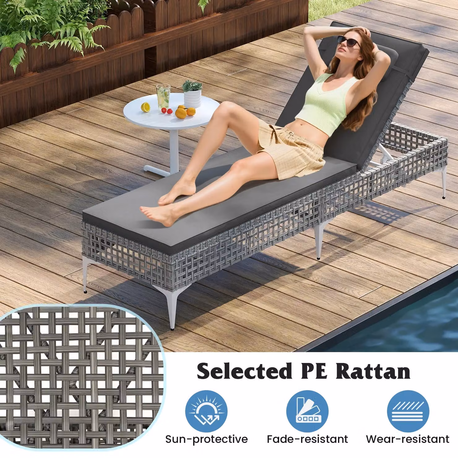Costway Grey Polyrattan Garden Sun Lounger with 6-Level Adjustable Headrest – 7
